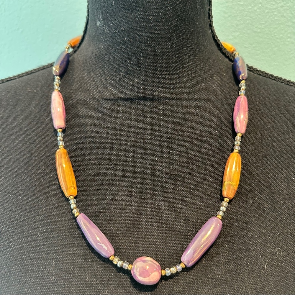 Pink yellow and mauve pearlized glass bead necklace